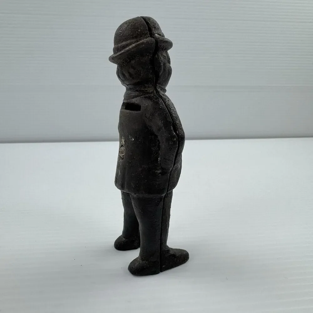 Antique Cast Iron Standing Man Still Coin Bank Suit Hat Vintage Figural